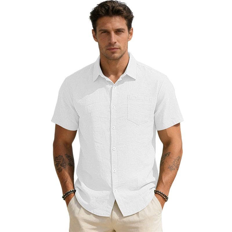 Wholesale Men's Casual Short Sleeve Pocket Open Front Shirt Solid Loose Fit Lapel Collar