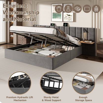 Wholesale Super king grey velvet-upholstered end-opening ottoman bed frame with side tables, lamps and charging station, 180×200 cm LATTICERO