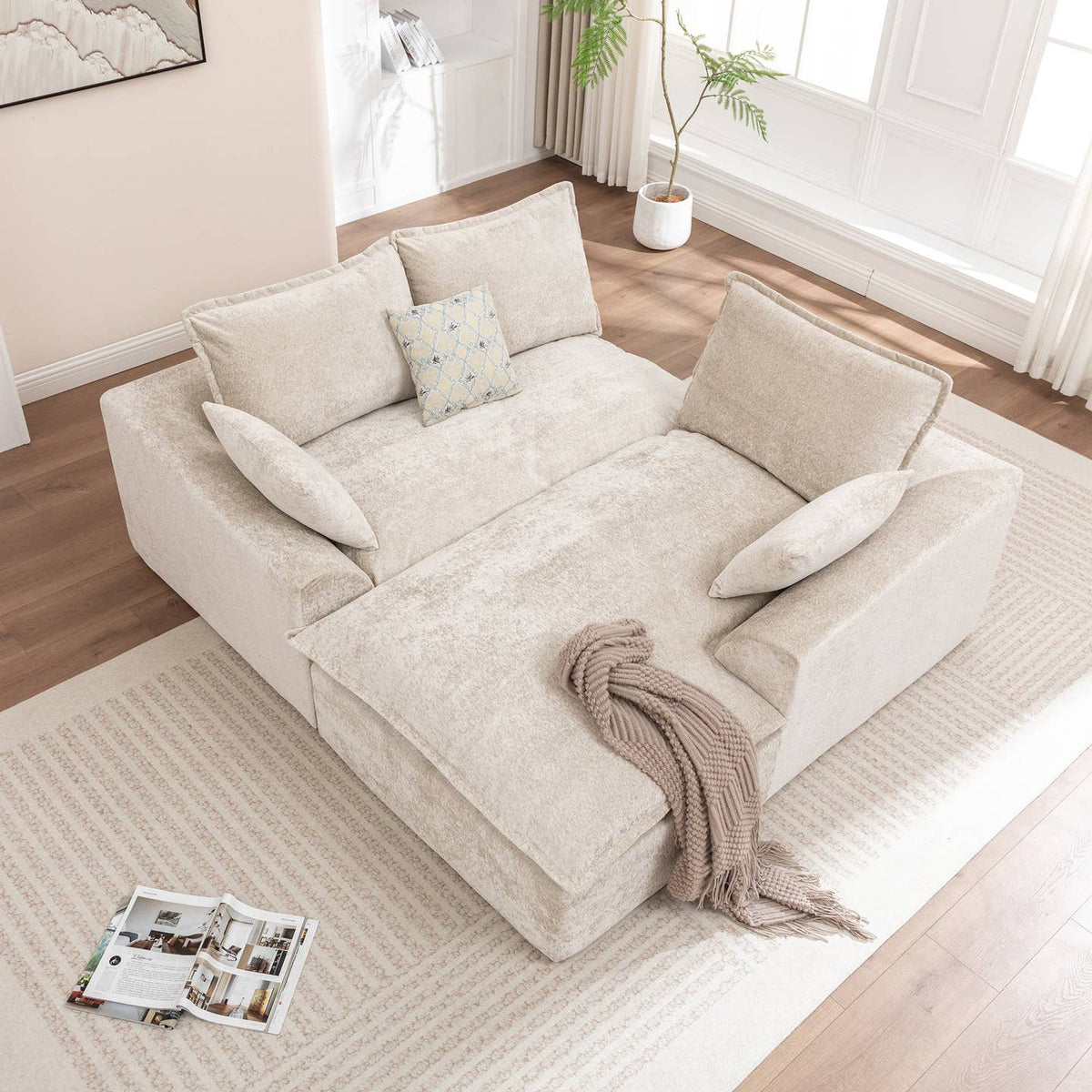 Wholesale Ivory Chenille L‑Shaped Modular Sectional Compressed Sofa
