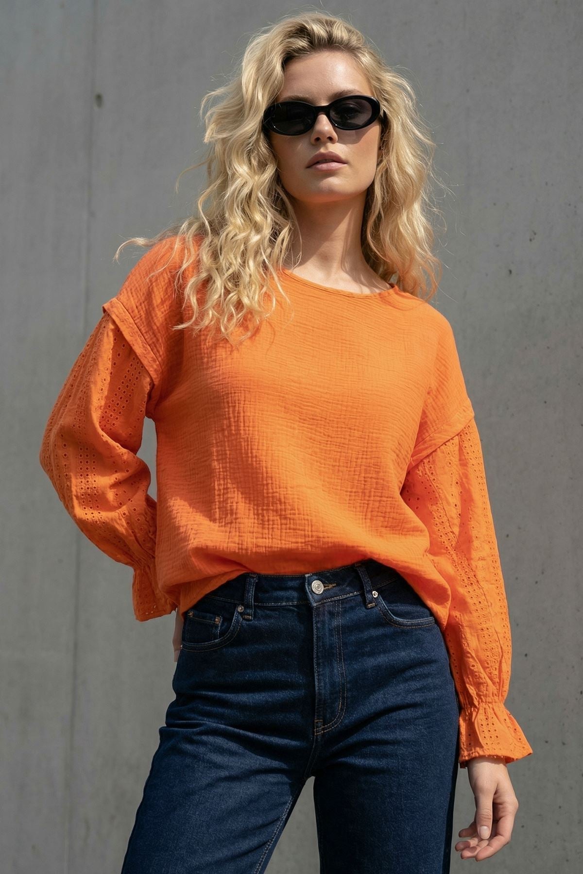 Plain Puff Eyelet Detail Sleeve Cotton Top