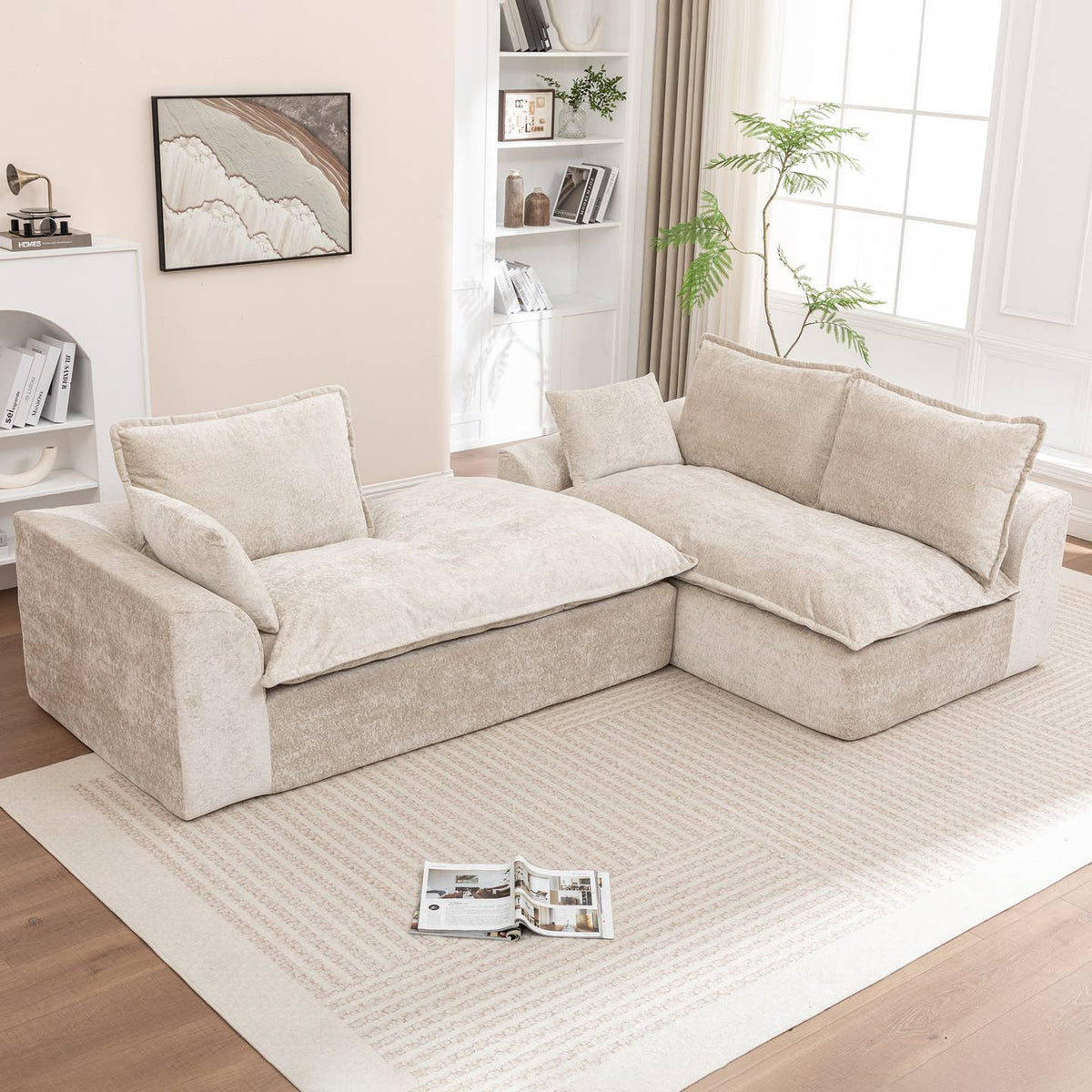 Wholesale Ivory Chenille L‑Shaped Modular Sectional Compressed Sofa