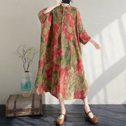 Wholesale Loose Fit Printed Maxi Dress With Stand-Up Collar