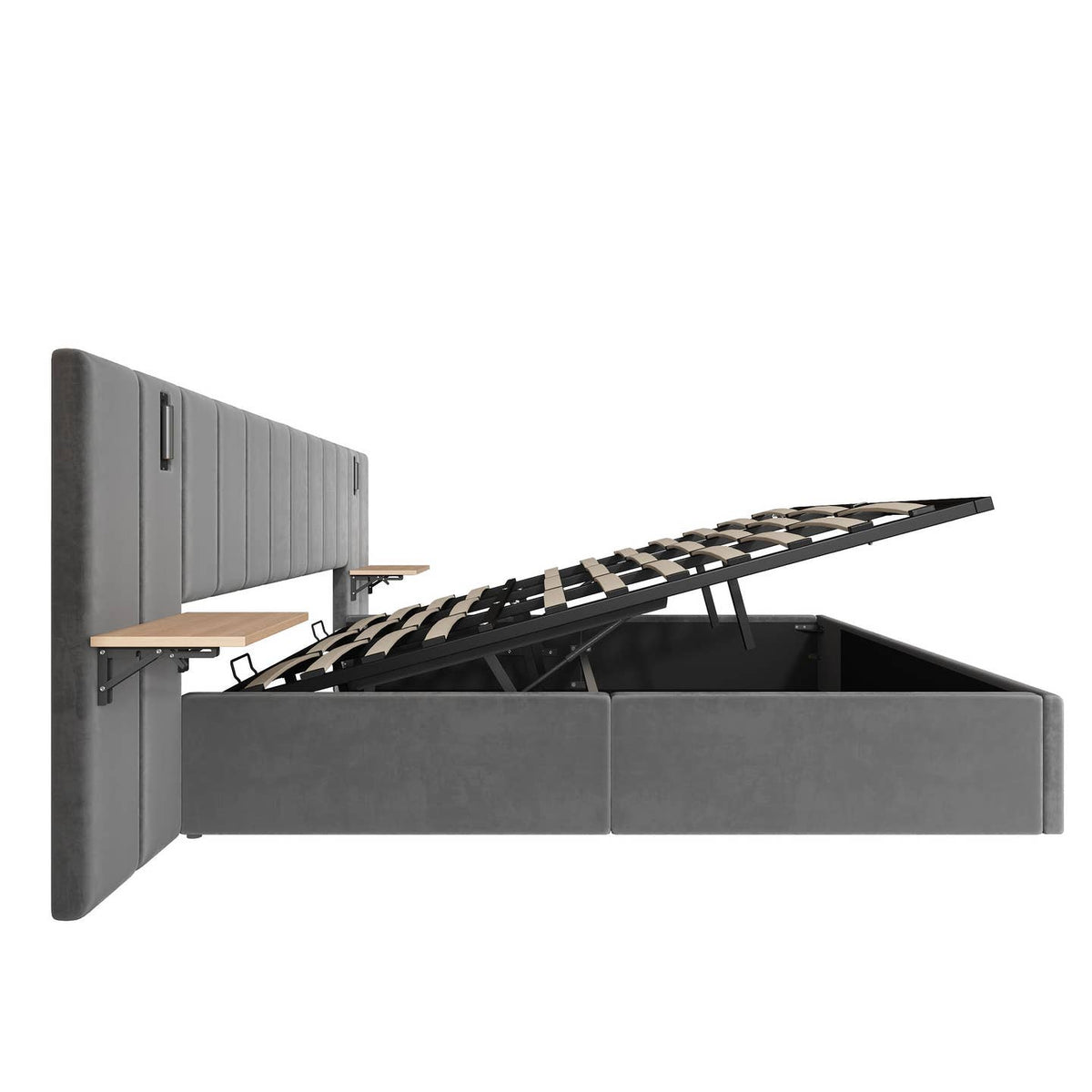 Wholesale Super king grey velvet-upholstered end-opening ottoman bed frame with side tables, lamps and charging station, 180×200 cm LATTICERO