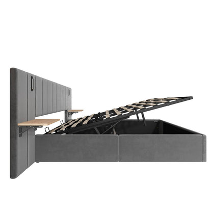 Wholesale Super king grey velvet-upholstered end-opening ottoman bed frame with side tables, lamps and charging station, 180×200 cm LATTICERO