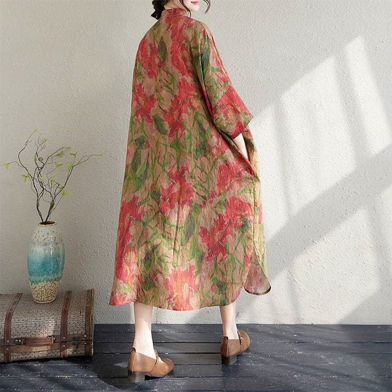 Wholesale Loose Fit Printed Maxi Dress With Stand-Up Collar