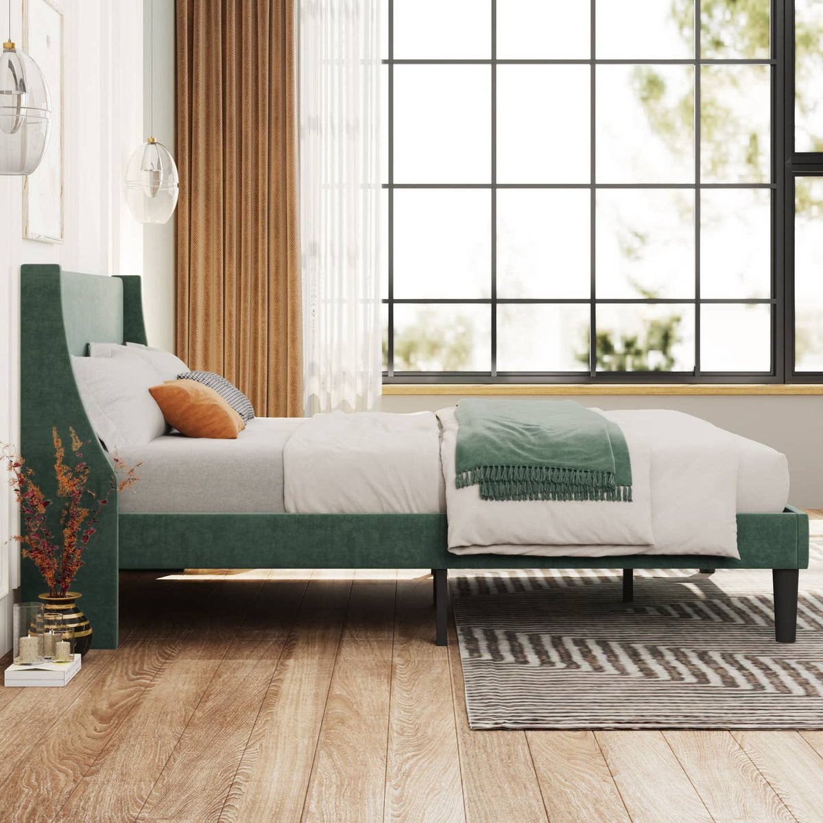 Wholesale Velvet Upholstered Single Bed Frame with Winged Headboard and Wood Slats