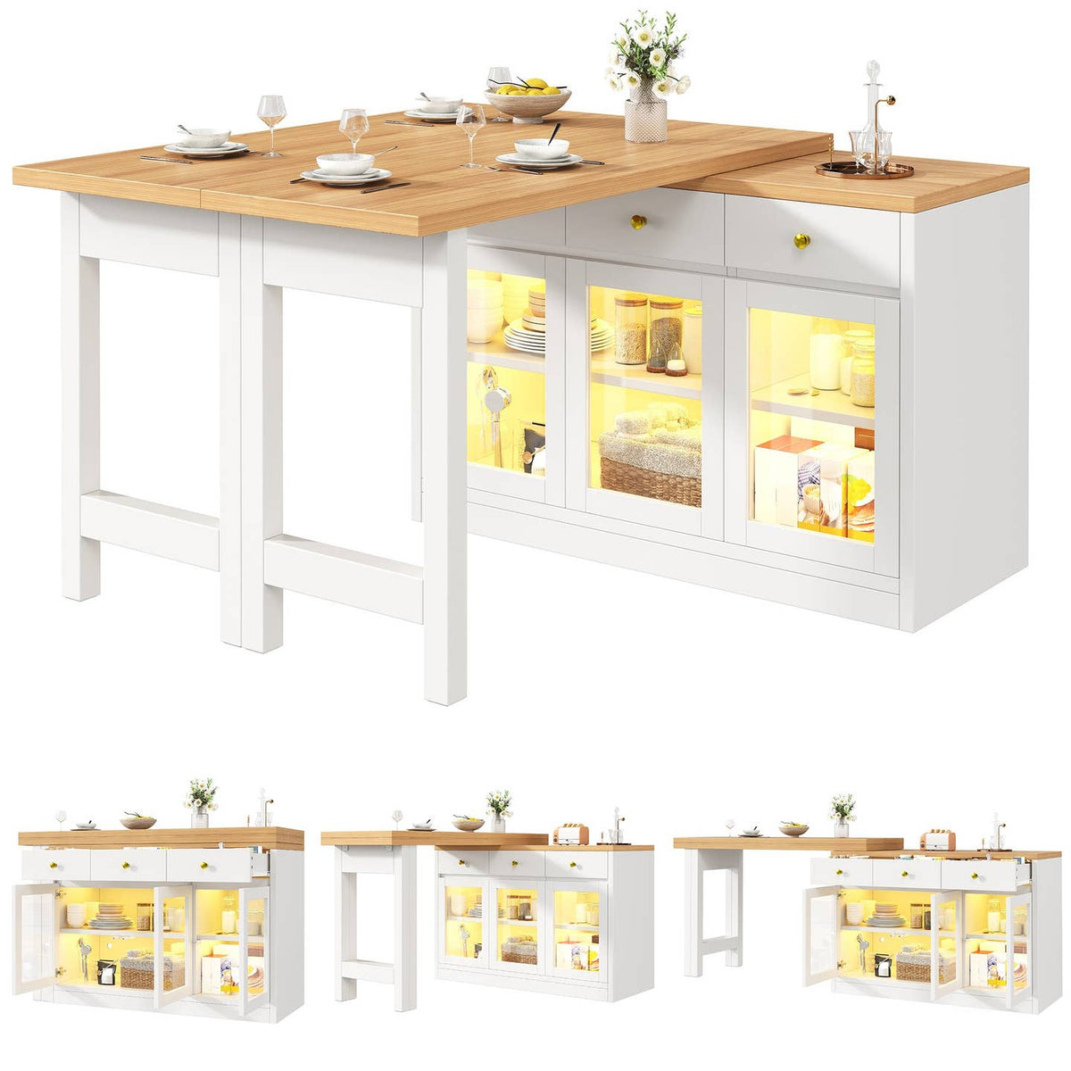 Wholesale Extendable kitchen island with rotatable table, LED lights and storage ARMOIRESTYLE