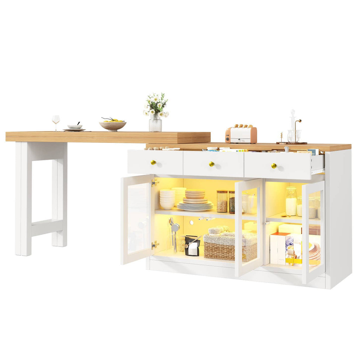 Wholesale Extendable kitchen island with rotatable table, LED lights and storage ARMOIRESTYLE