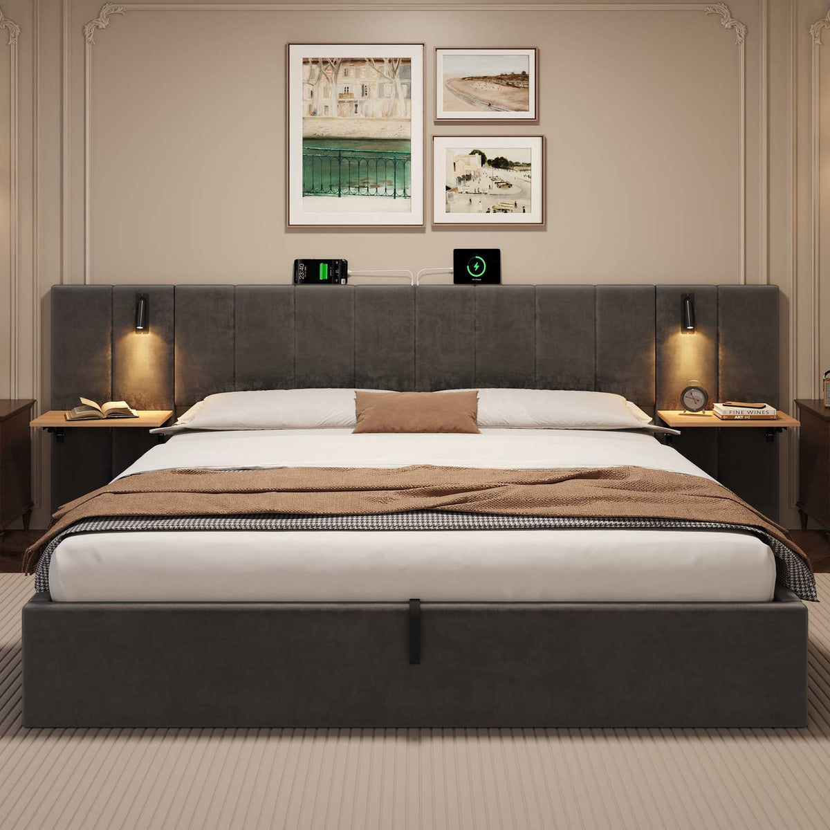 Wholesale Super king grey velvet-upholstered end-opening ottoman bed frame with side tables, lamps and charging station, 180×200 cm LATTICERO