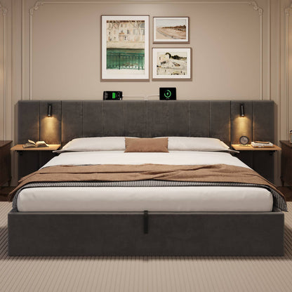 Wholesale Super king grey velvet-upholstered end-opening ottoman bed frame with side tables, lamps and charging station, 180×200 cm LATTICERO