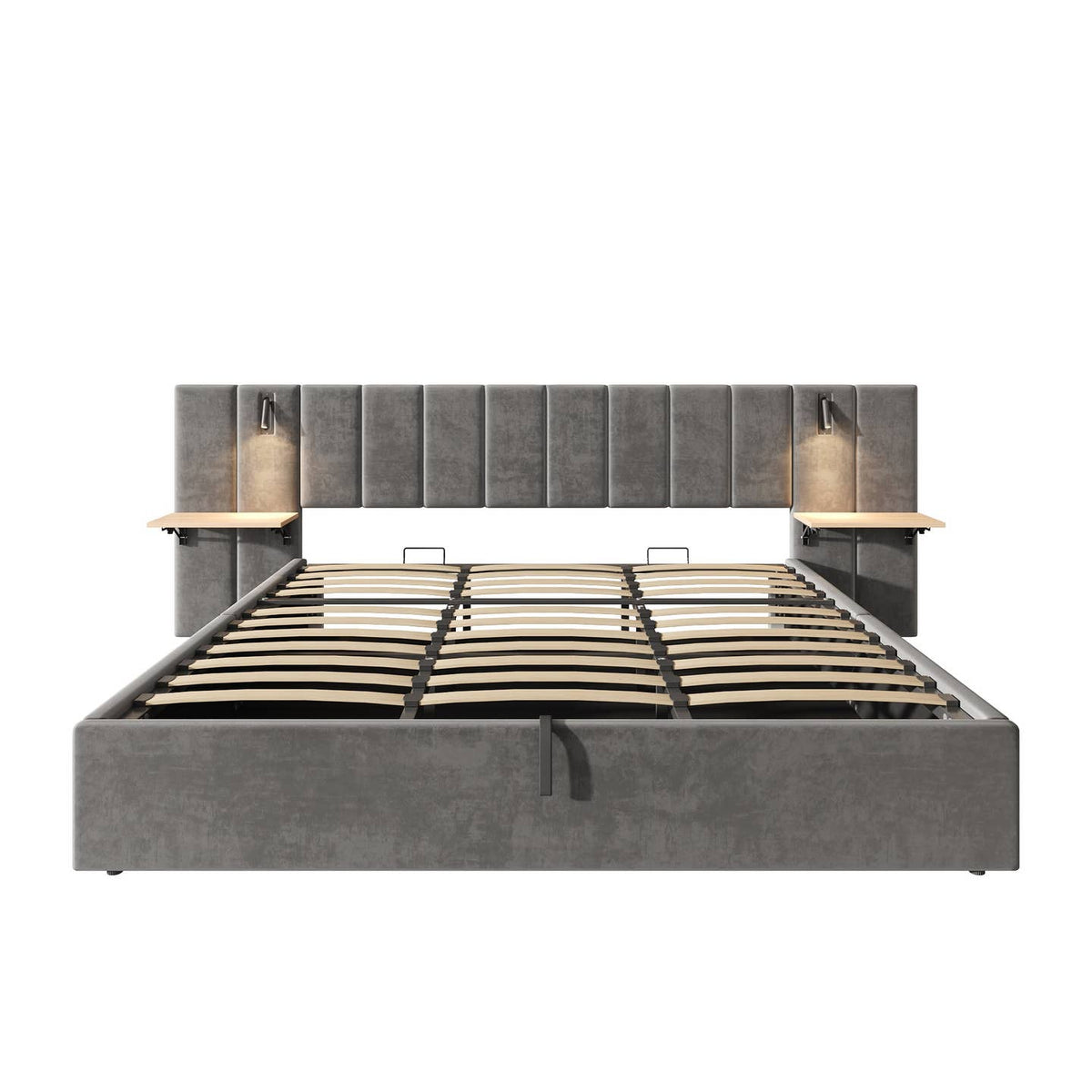 Wholesale Super king grey velvet-upholstered end-opening ottoman bed frame with side tables, lamps and charging station, 180×200 cm LATTICERO