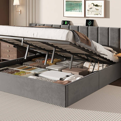 Wholesale Super king grey velvet-upholstered end-opening ottoman bed frame with side tables, lamps and charging station, 180×200 cm LATTICERO