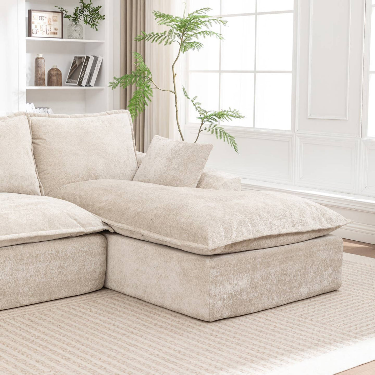 Wholesale Ivory Chenille L‑Shaped Modular Sectional Compressed Sofa