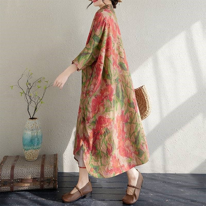 Wholesale Loose Fit Printed Maxi Dress With Stand-Up Collar