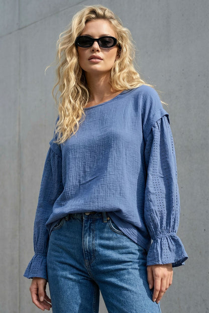 Plain Puff Eyelet Detail Sleeve Cotton Top