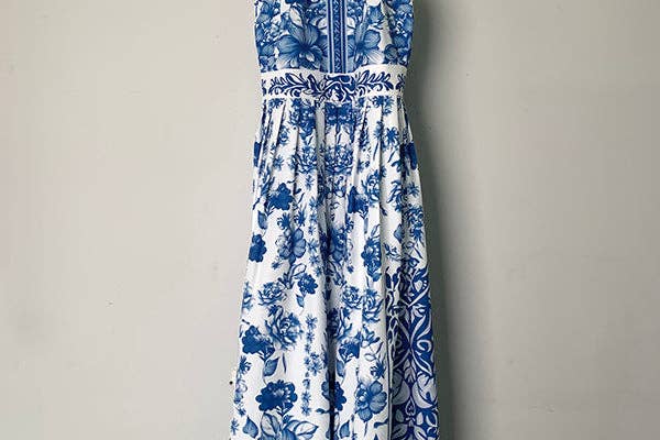 Wholesale A-Line Loose Flower Print Split-Joint Lapel Maxi Dresses