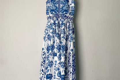 Wholesale A-Line Loose Flower Print Split-Joint Lapel Maxi Dresses