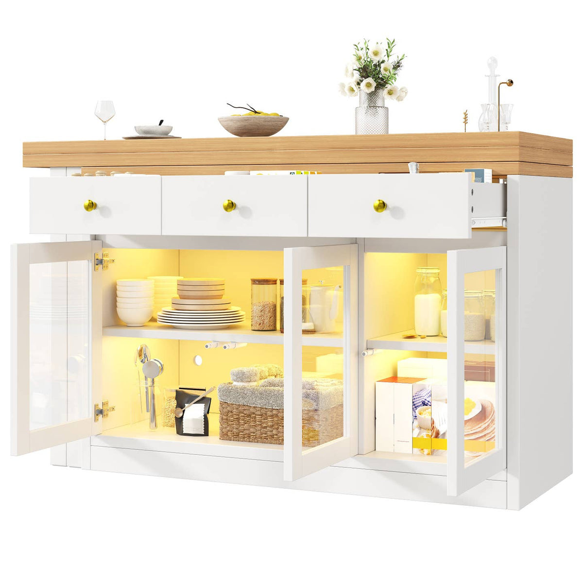 Wholesale Extendable kitchen island with rotatable table, LED lights and storage ARMOIRESTYLE