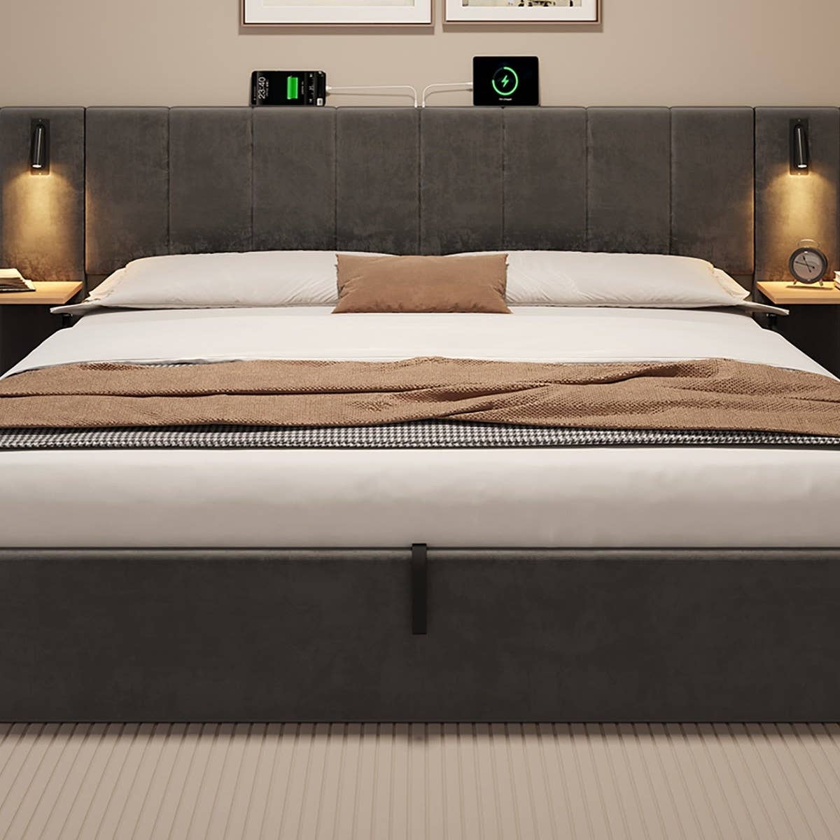 Wholesale Super king grey velvet-upholstered end-opening ottoman bed frame with side tables, lamps and charging station, 180×200 cm LATTICERO