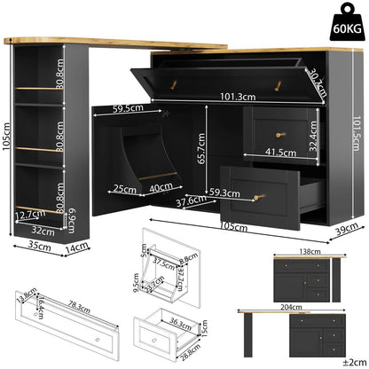 Wholesale Extendable bar table black with storage kitchen cabinet with snack shelf (138-204×39×105cm) MANGROVEPROP