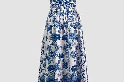 Wholesale A-Line Loose Flower Print Split-Joint Lapel Maxi Dresses