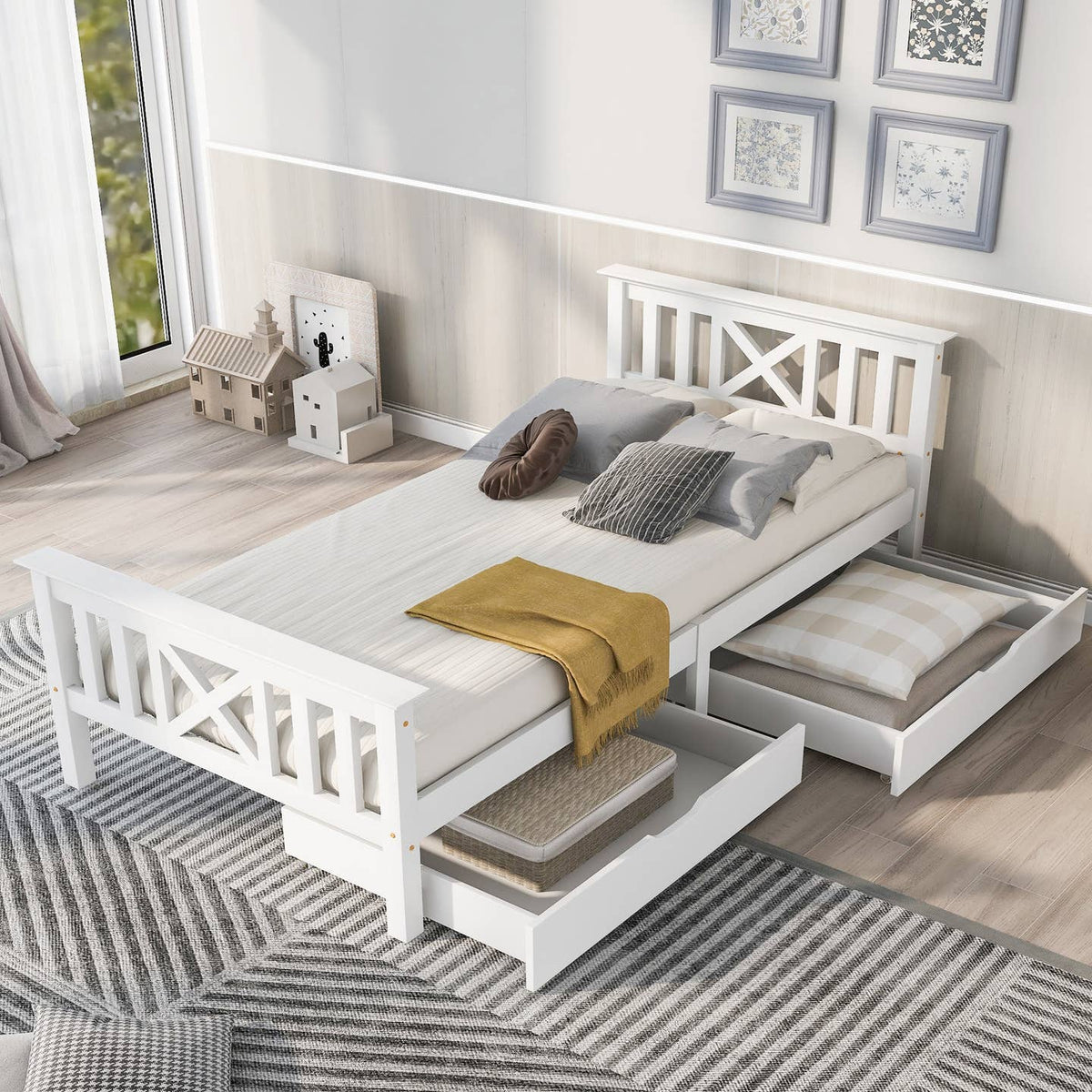 Wholesale White Solid Pine Wood Single Bed Frame with 2 Under Bed Drawers
