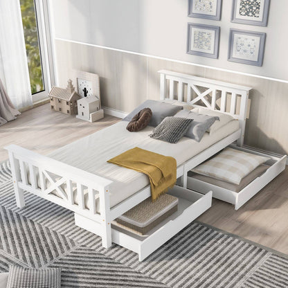 Wholesale White Solid Pine Wood Single Bed Frame with 2 Under Bed Drawers