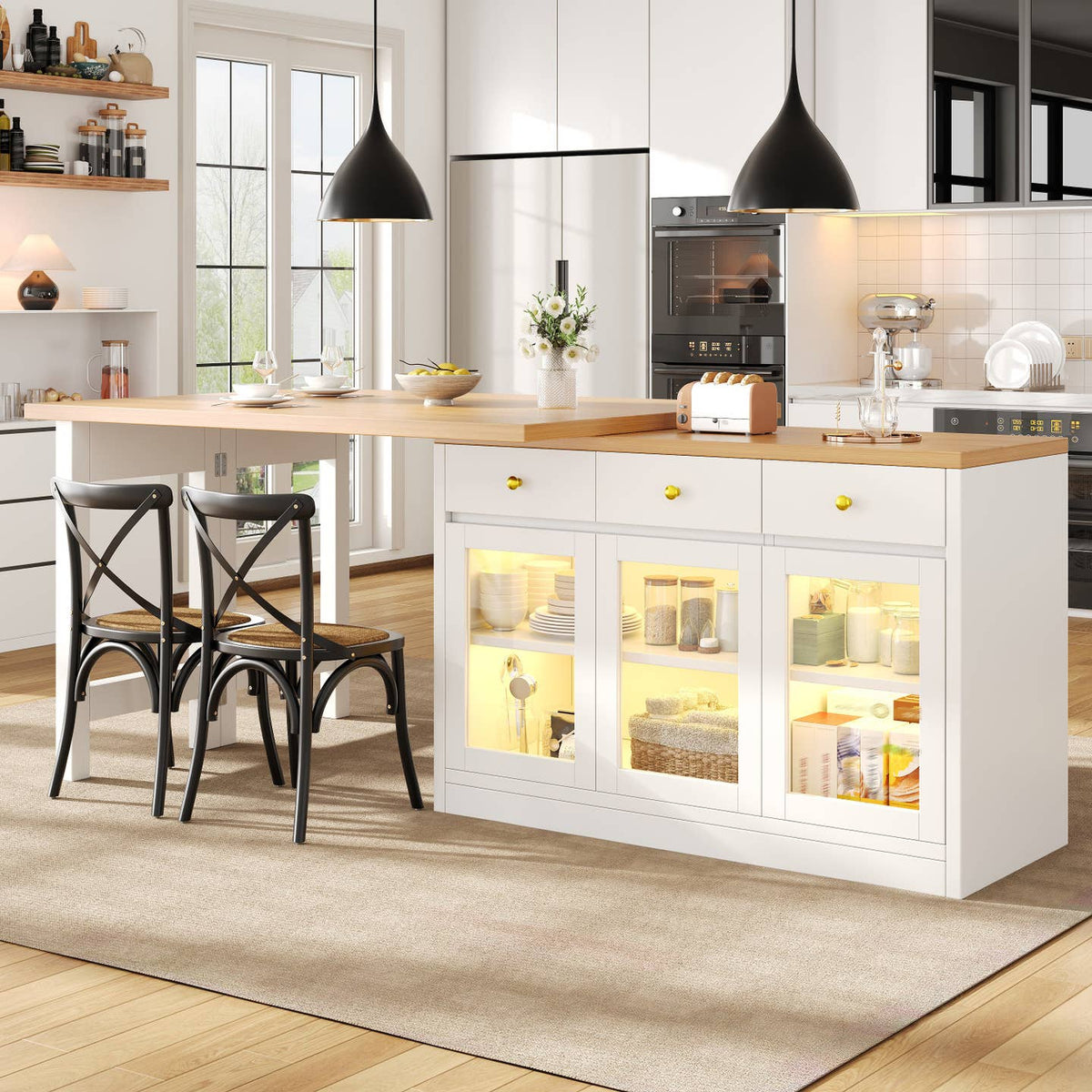 Wholesale Extendable kitchen island with rotatable table, LED lights and storage ARMOIRESTYLE