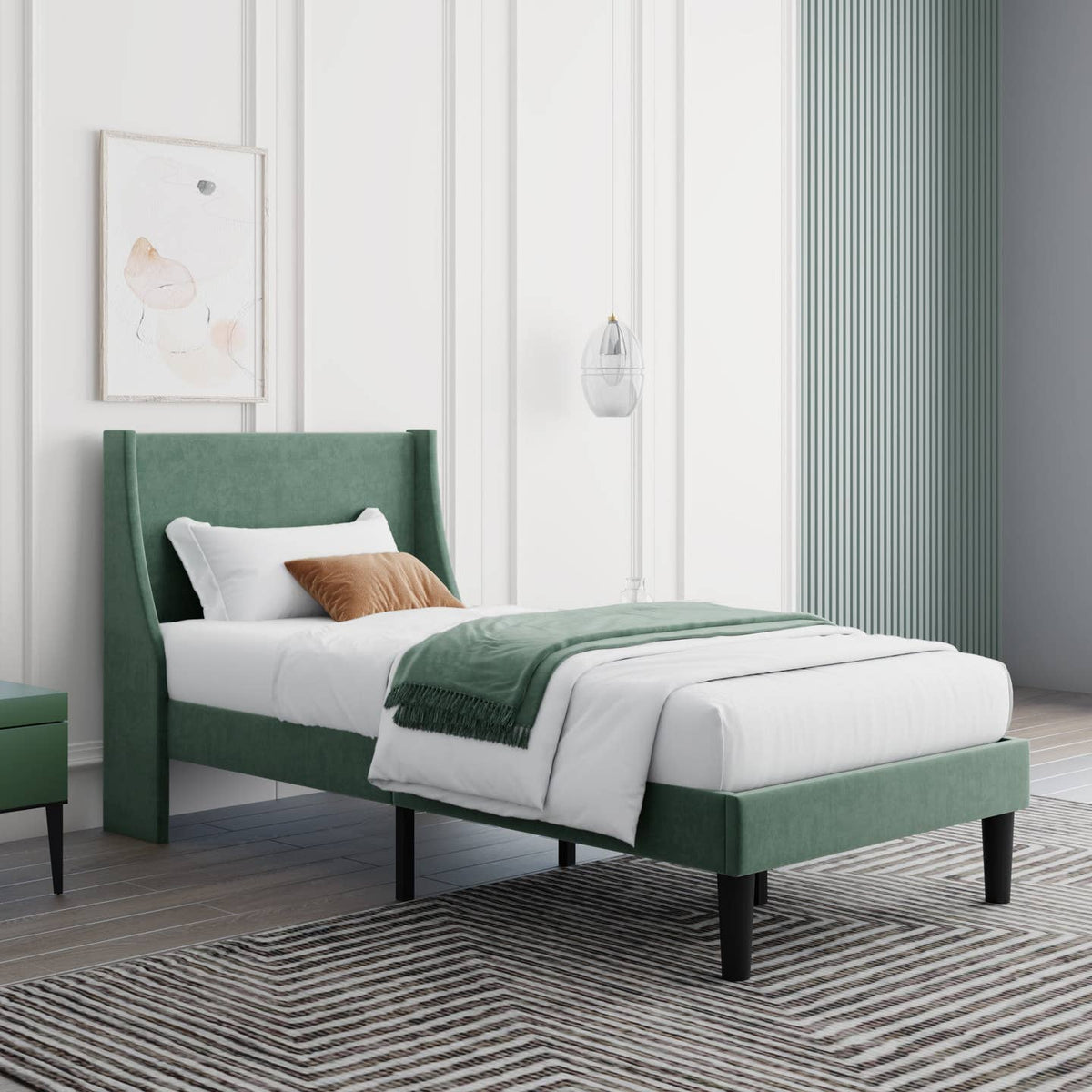 Wholesale Velvet Upholstered Single Bed Frame with Winged Headboard and Wood Slats