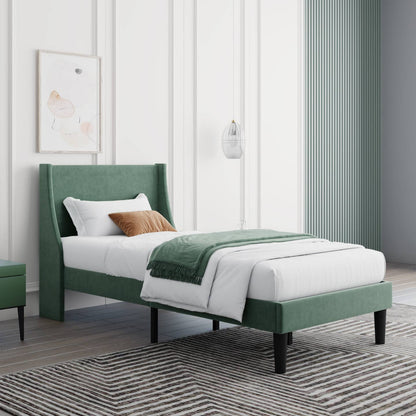 Wholesale Velvet Upholstered Single Bed Frame with Winged Headboard and Wood Slats