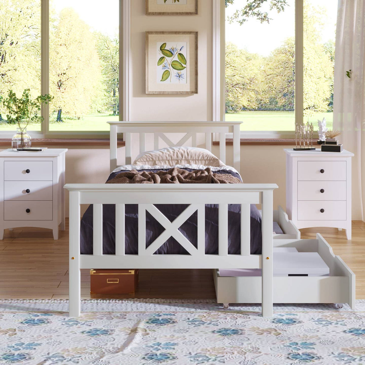 Wholesale White Solid Pine Wood Single Bed Frame with 2 Under Bed Drawers