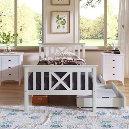 Wholesale White Solid Pine Wood Single Bed Frame with 2 Under Bed Drawers