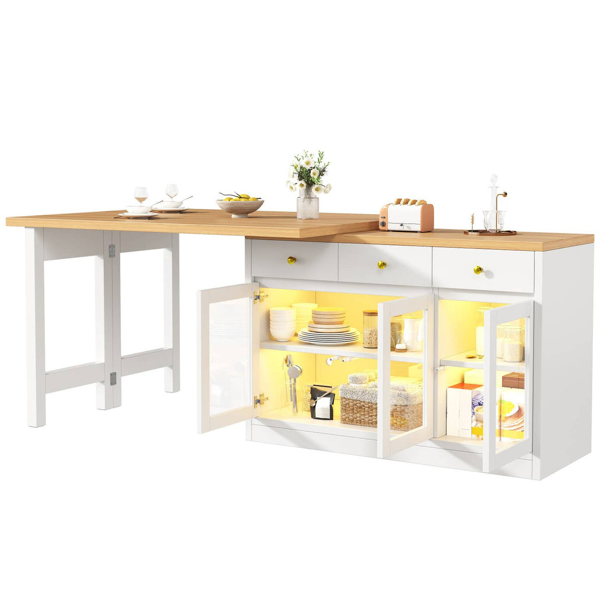Wholesale Extendable kitchen island with rotatable table, LED lights and storage ARMOIRESTYLE