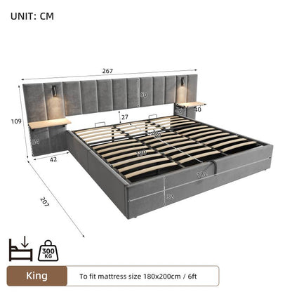 Wholesale Super king grey velvet-upholstered end-opening ottoman bed frame with side tables, lamps and charging station, 180×200 cm LATTICERO